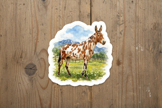 "Josey" Flashy Appaloosa Mule Sticker — Watercolor Farm Animal Kiss-Cut Vinyl Decal