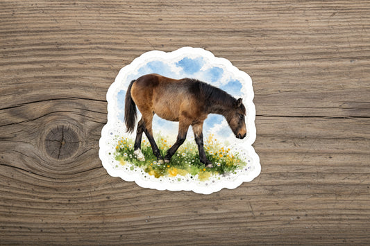 "Baby Mesa" Horse Watercolor Kiss-Cut Vinyl Sticker — Grazing Colt Decal for Laptops, Water Bottles & Windows