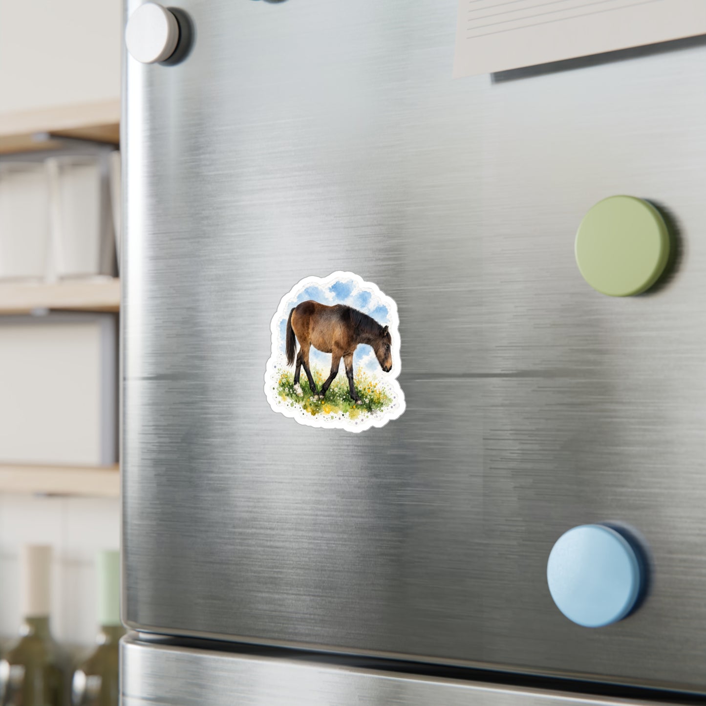 "Baby Mesa" Horse Watercolor Kiss-Cut Vinyl Sticker — Grazing Colt Decal for Laptops, Water Bottles & Windows