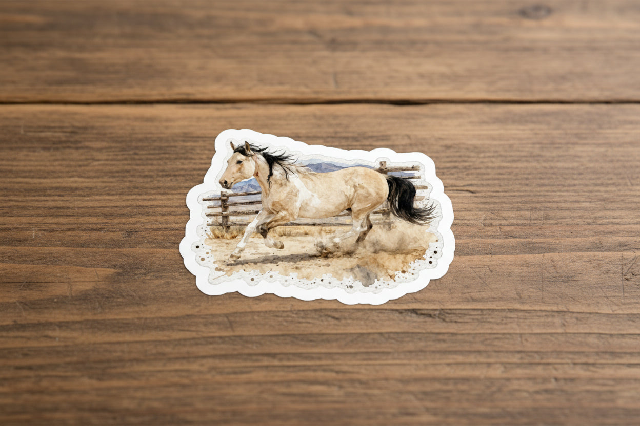 "Honey" Wild Pinto Mustang Kiss-Cut Vinyl Sticker — Watercolor Running Horse Decal