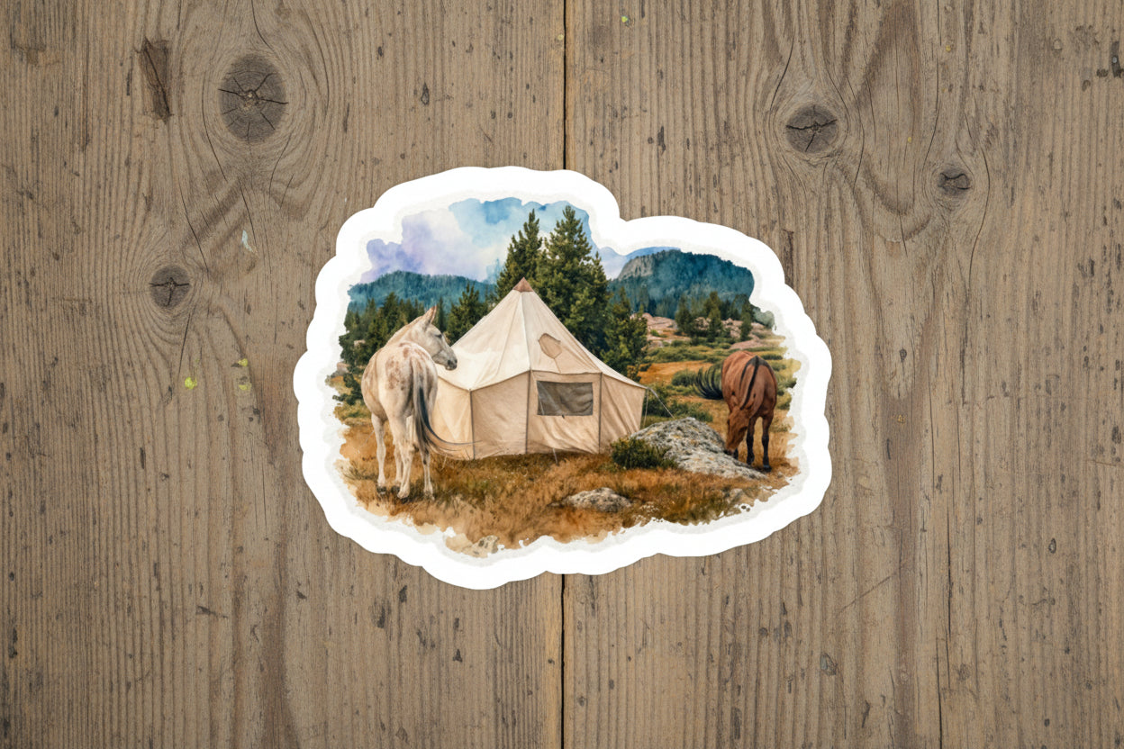 Mule Camp Vinyl Sticker — Watercolor Outdoors Kiss-Cut Decal