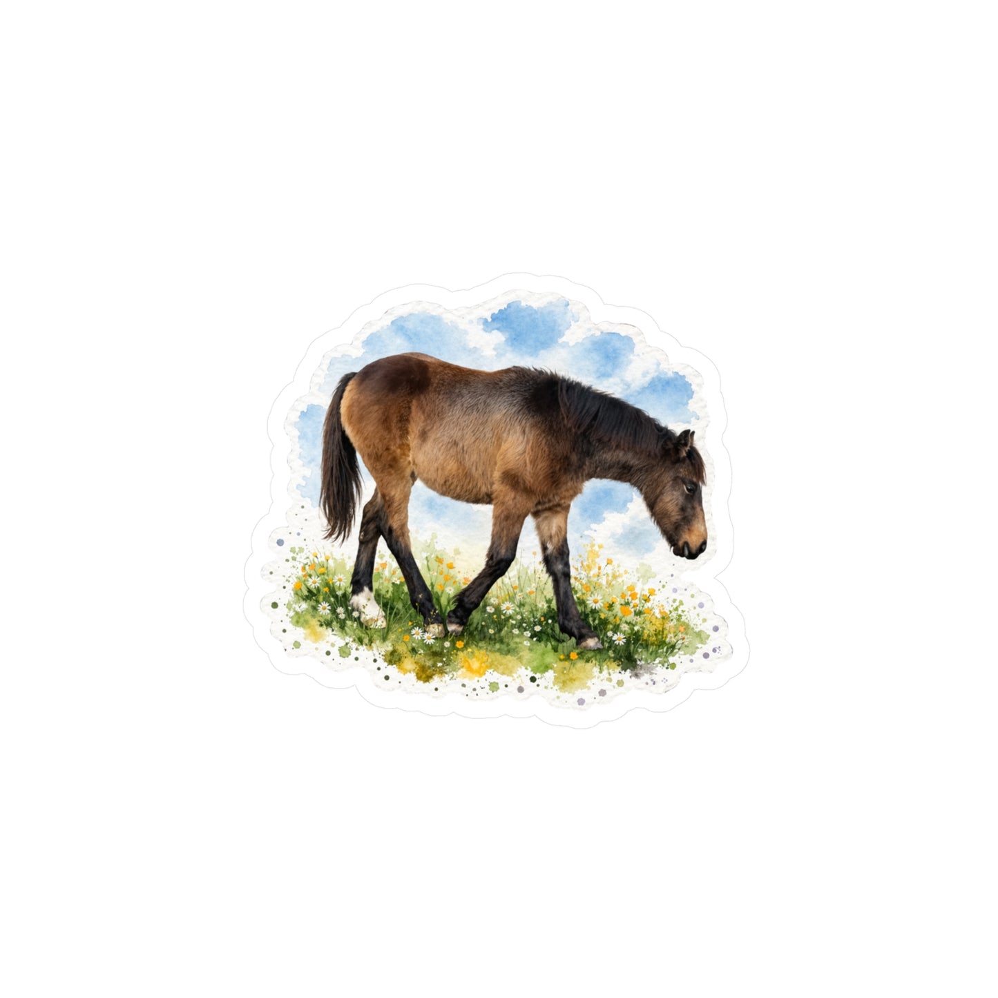 "Baby Mesa" Horse Watercolor Kiss-Cut Vinyl Sticker — Grazing Colt Decal for Laptops, Water Bottles & Windows
